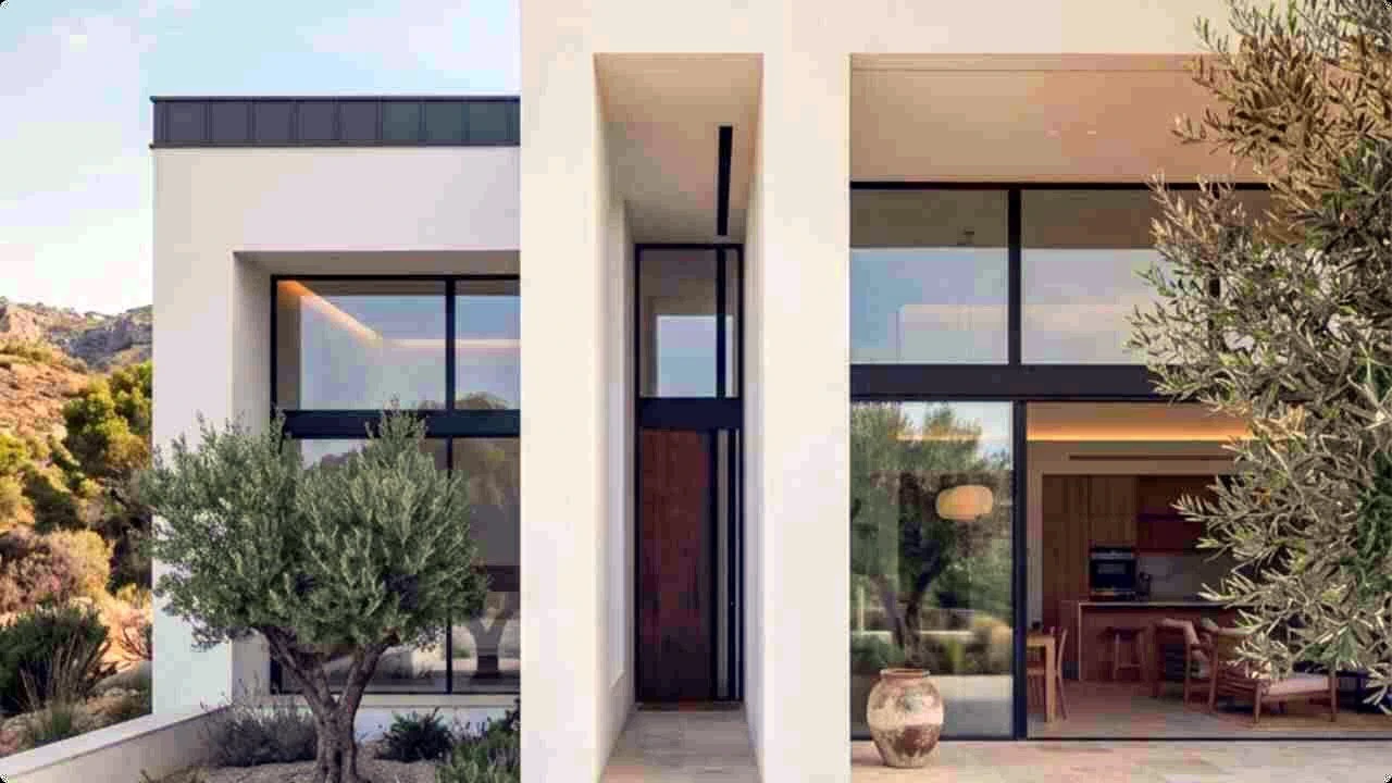 Zeytin ağaçlarıyla çevrili modern beyaz villa cephesi